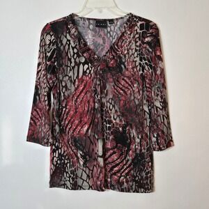 Tribal Womens Red Black Abstract Animal Print V-Neck 3/4 Sleeve Top Small 9072O
